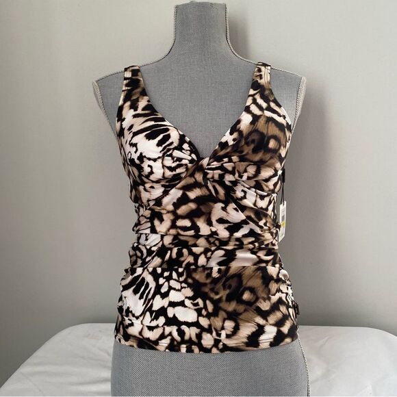 Calvin Klein Women's Animal Print Ruched Tummy Control Tankini Top Size L - Picture 4 of 5
